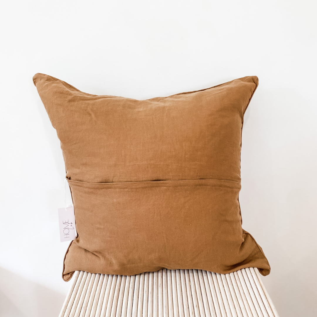French flax linen feather filled cushion in Ginger side view