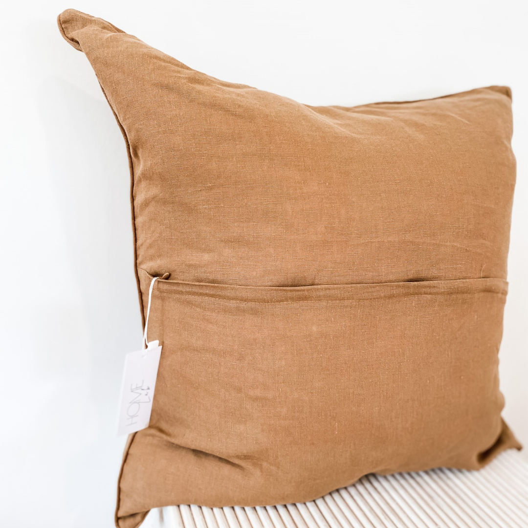 French flax linen feather filled cushion in Ginger close-up of fabric