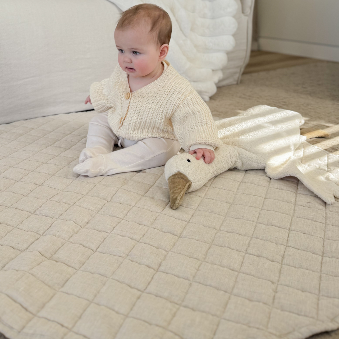 French flax linen playmat in Natural Oat side view