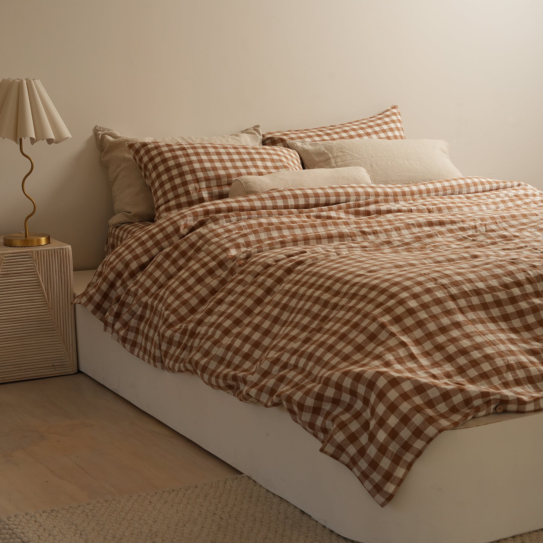 French flax linen reversible duvet cover set in Ginger Gingham side view