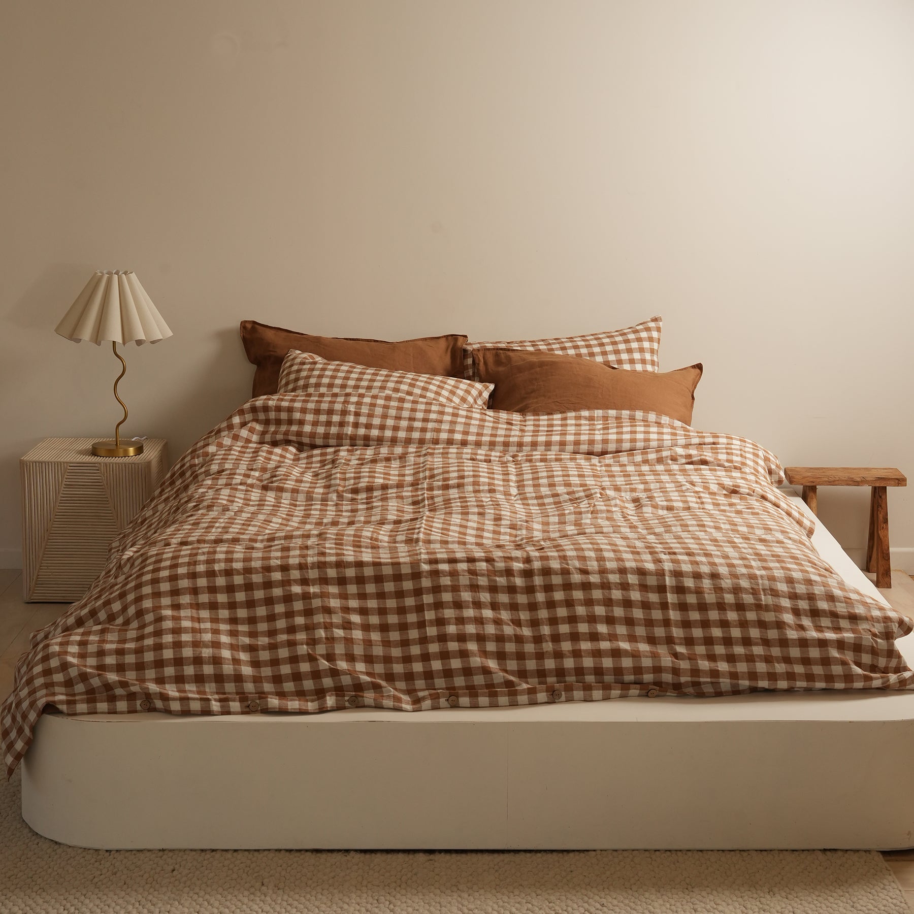French flax linen reversible duvet cover set in Ginger Gingham