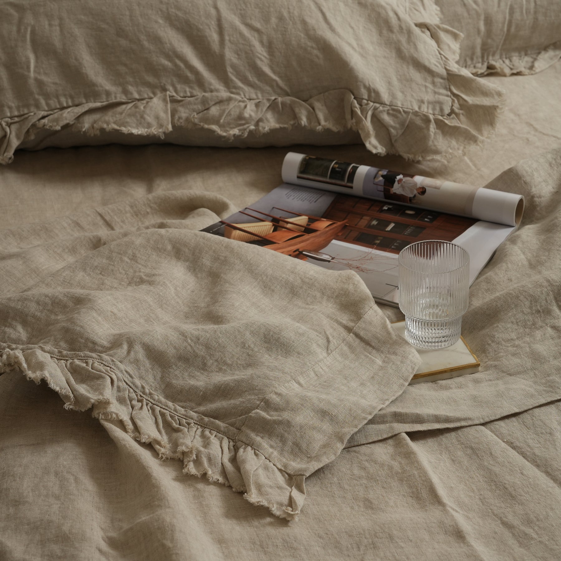 French flax linen ruffle edge sheet set in Natural Oat detail view