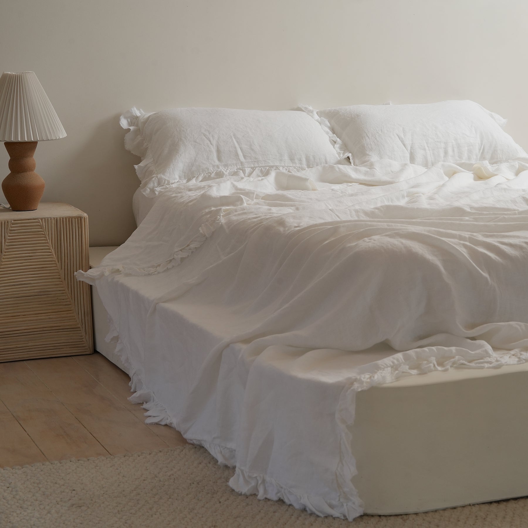 French flax linen ruffle edge sheet set in White side view