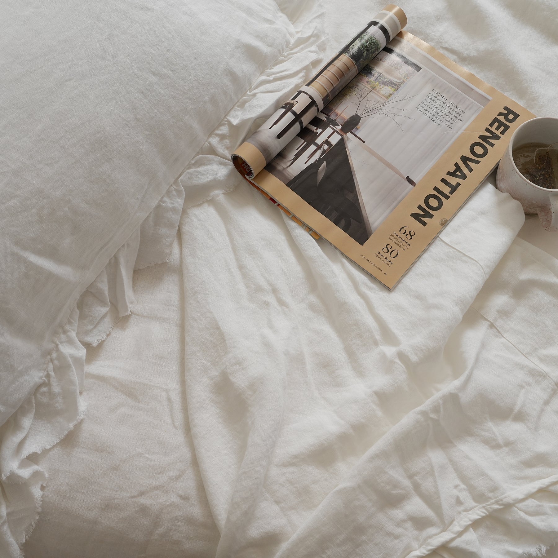 French flax linen ruffle edge sheet set in White