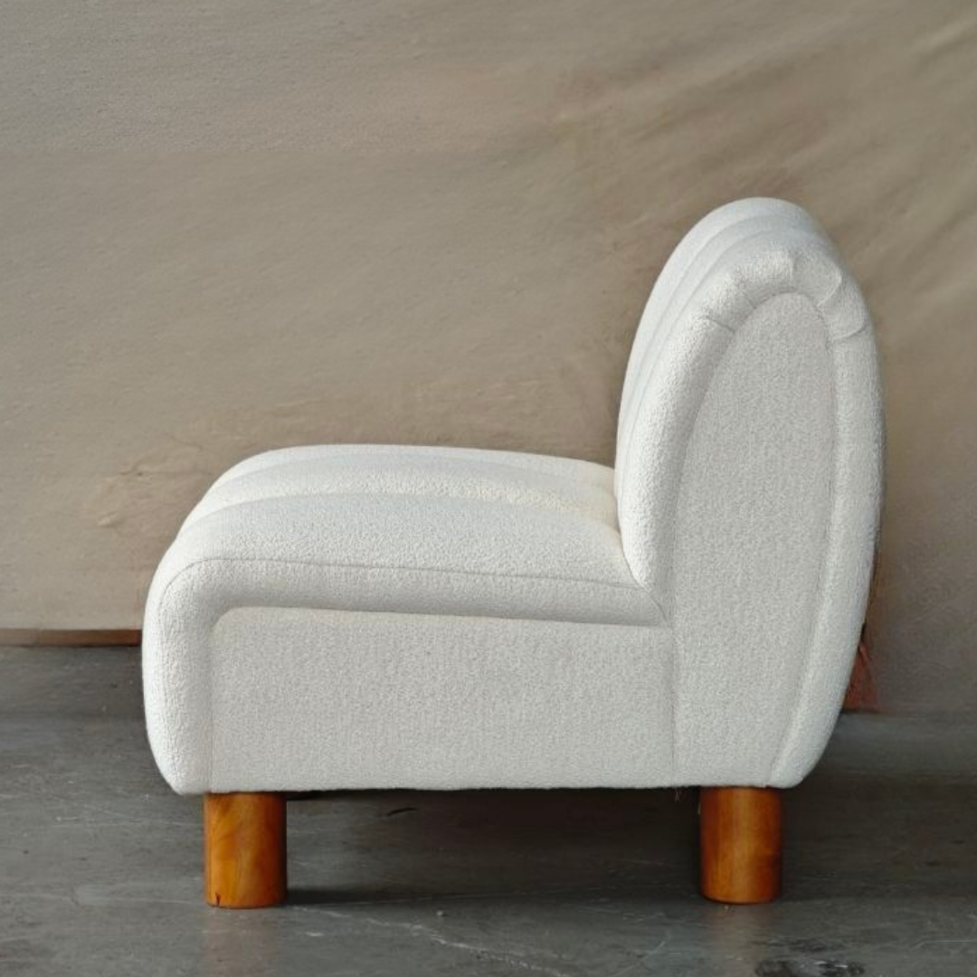 Holland boucle occasional chair in off white, styled shot