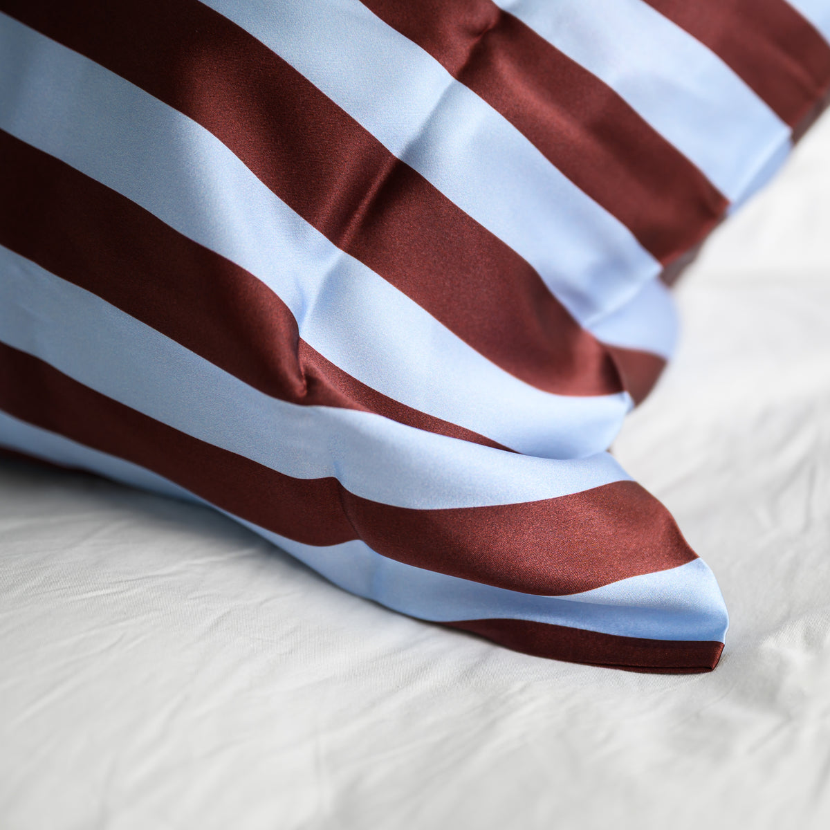 100% Pure Silk Pillowcase - Cocoa and Sky Blue Stripe