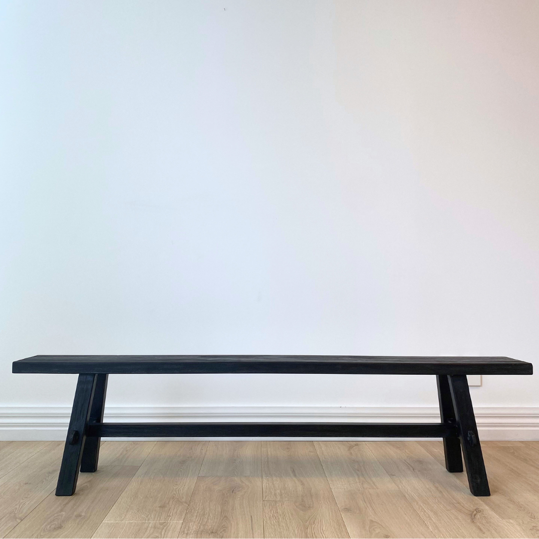 Long reclaimed wooden bench in Black