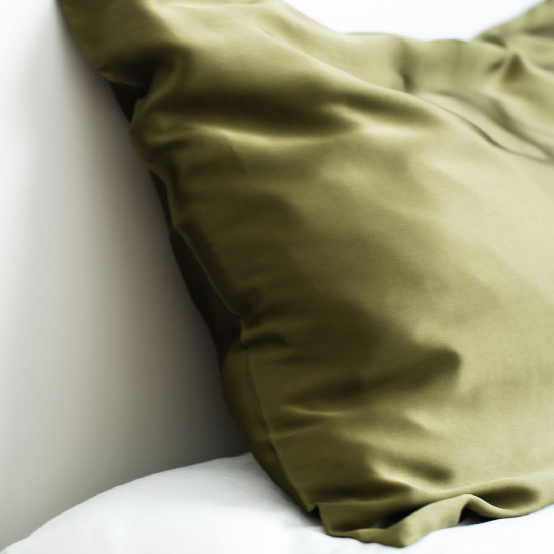 Pure silk pillowcase pair in Olive side view