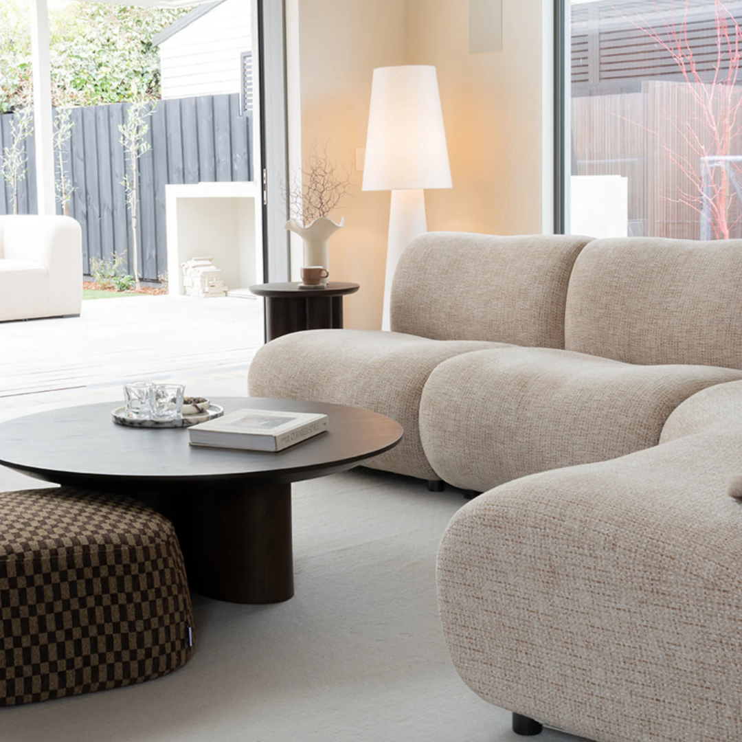 Terry ottoman in Chocolate Check, rounded form, check upholstery, close-up