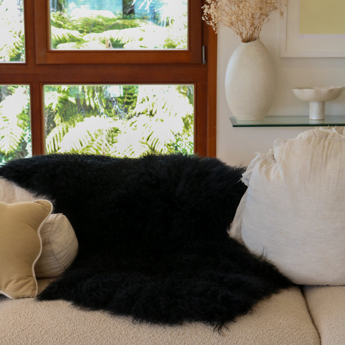 Tibetan lambskin rug in Black, long curly lambswool pile, detail view
