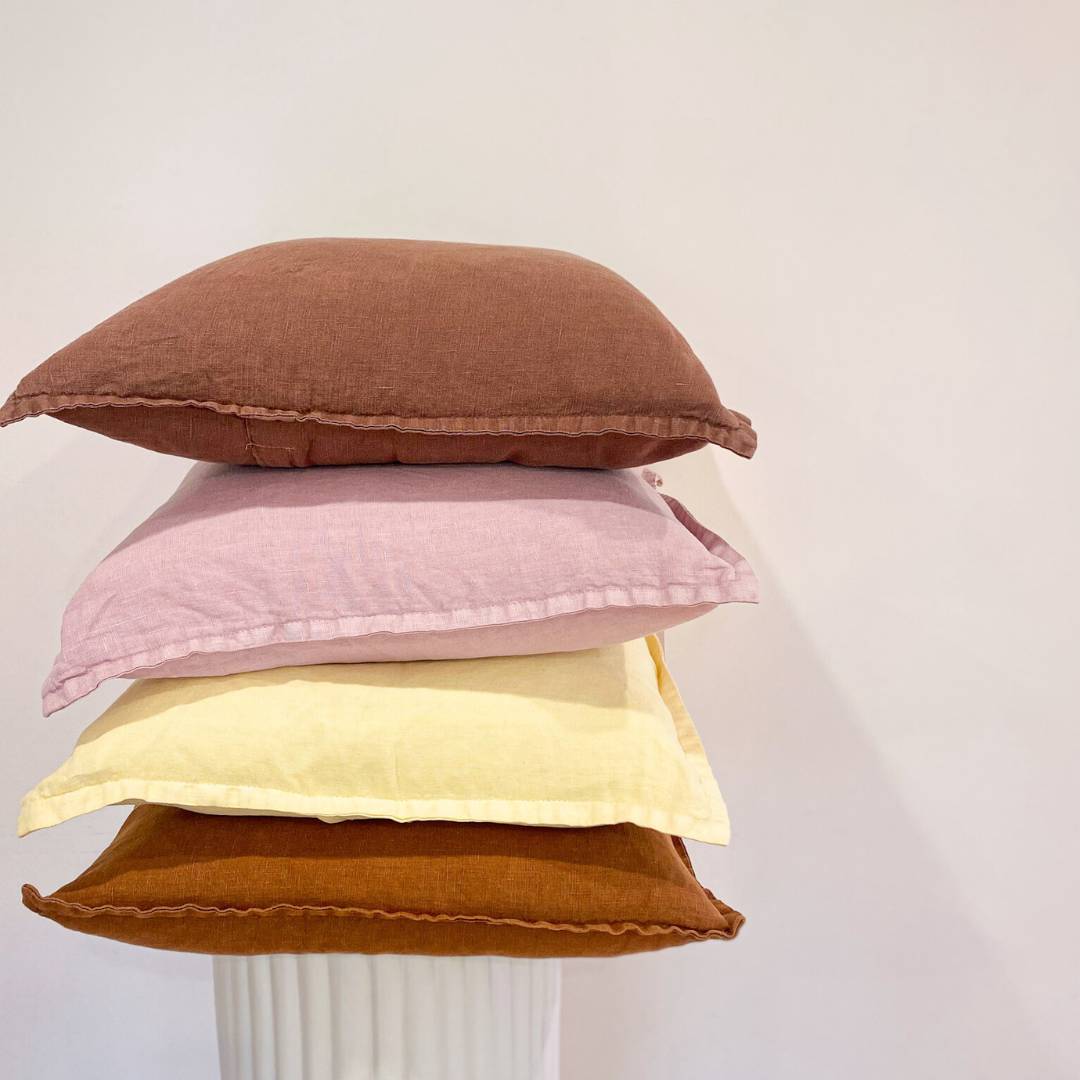 100% belgium linen vintage washed cushion- feather filled in cocoa, detail view