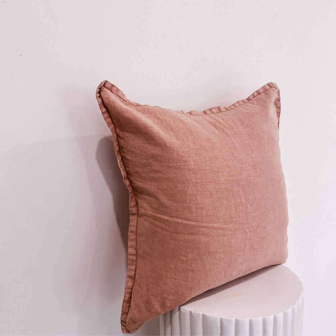 100% belgium linen vintage washed cushion- feather filled in dusty rose, close-up