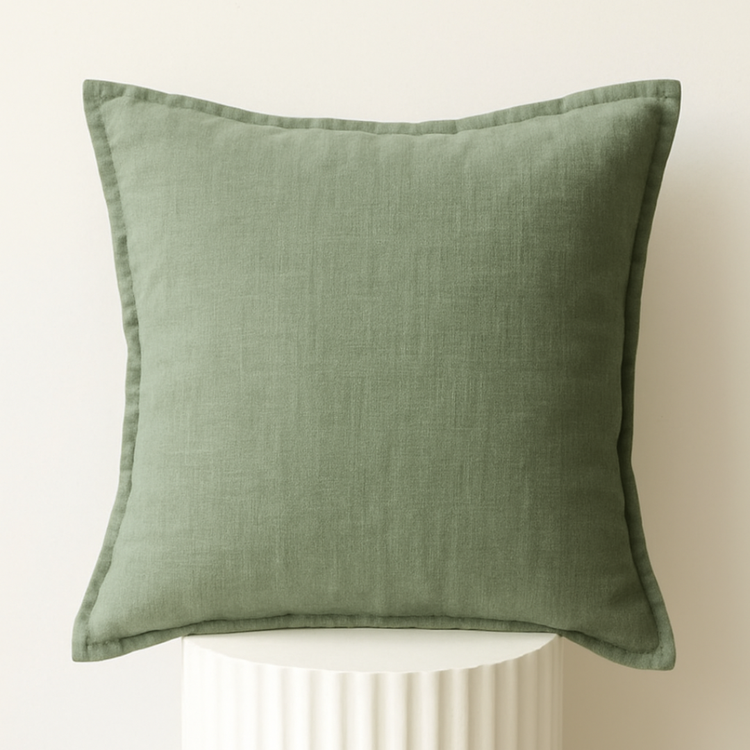 100% belgium linen vintage washed cushion- feather filled in forest, detail view