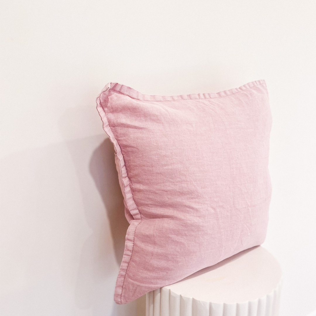 100% belgium linen vintage washed cushion- feather filled in lilac, detail view