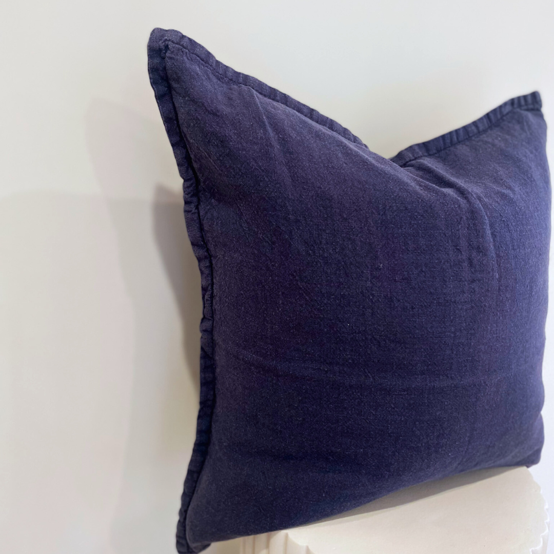 100% belgium linen vintage washed cushion- feather filled in navy, close-up