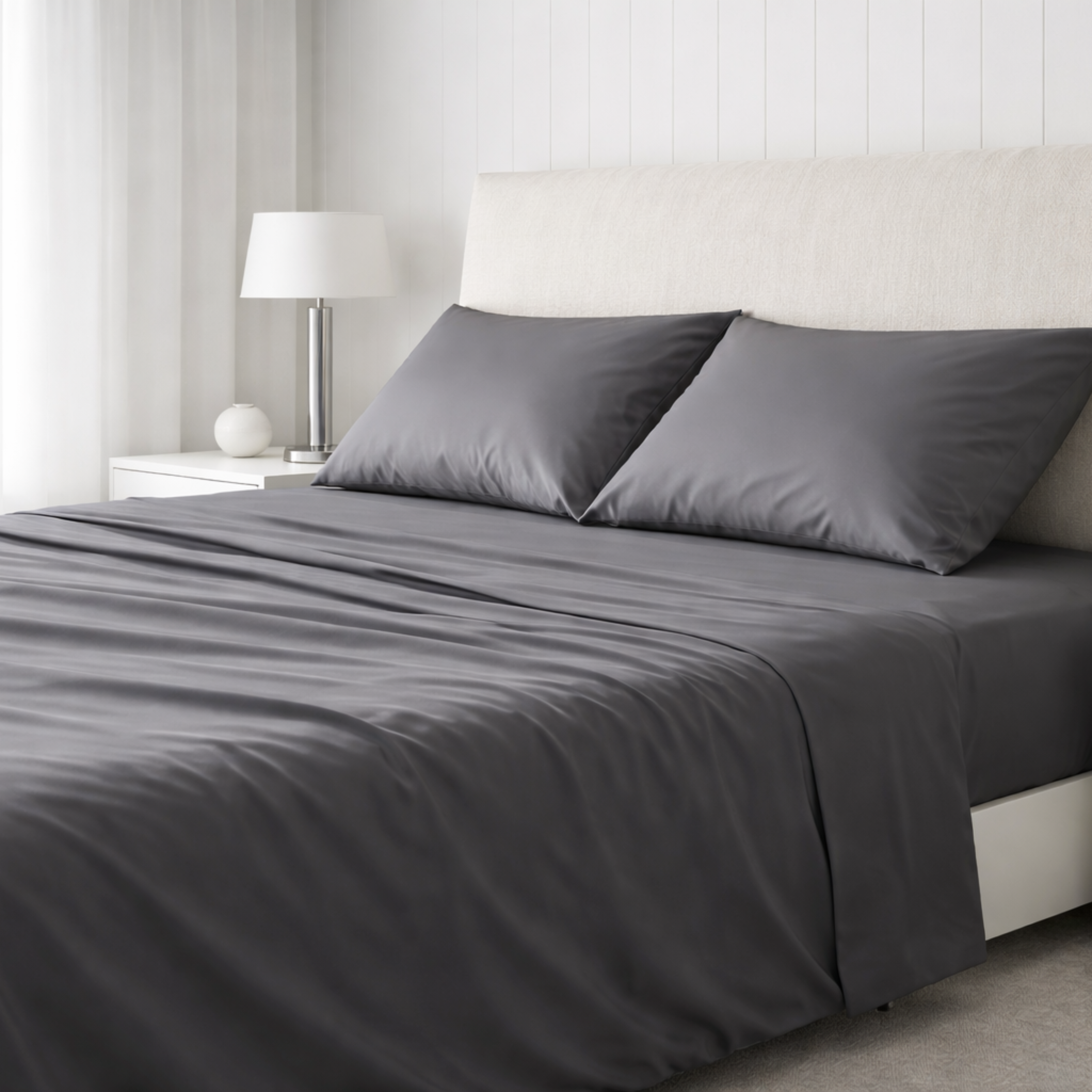 100% cotton soft luxe 500tc sheet set in shadow grey, close-up