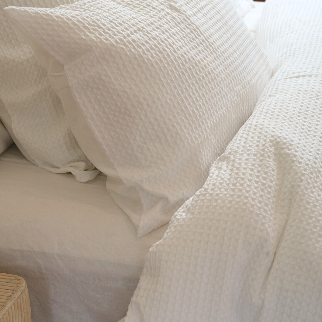100% cotton waffle duvet set in white, detail view