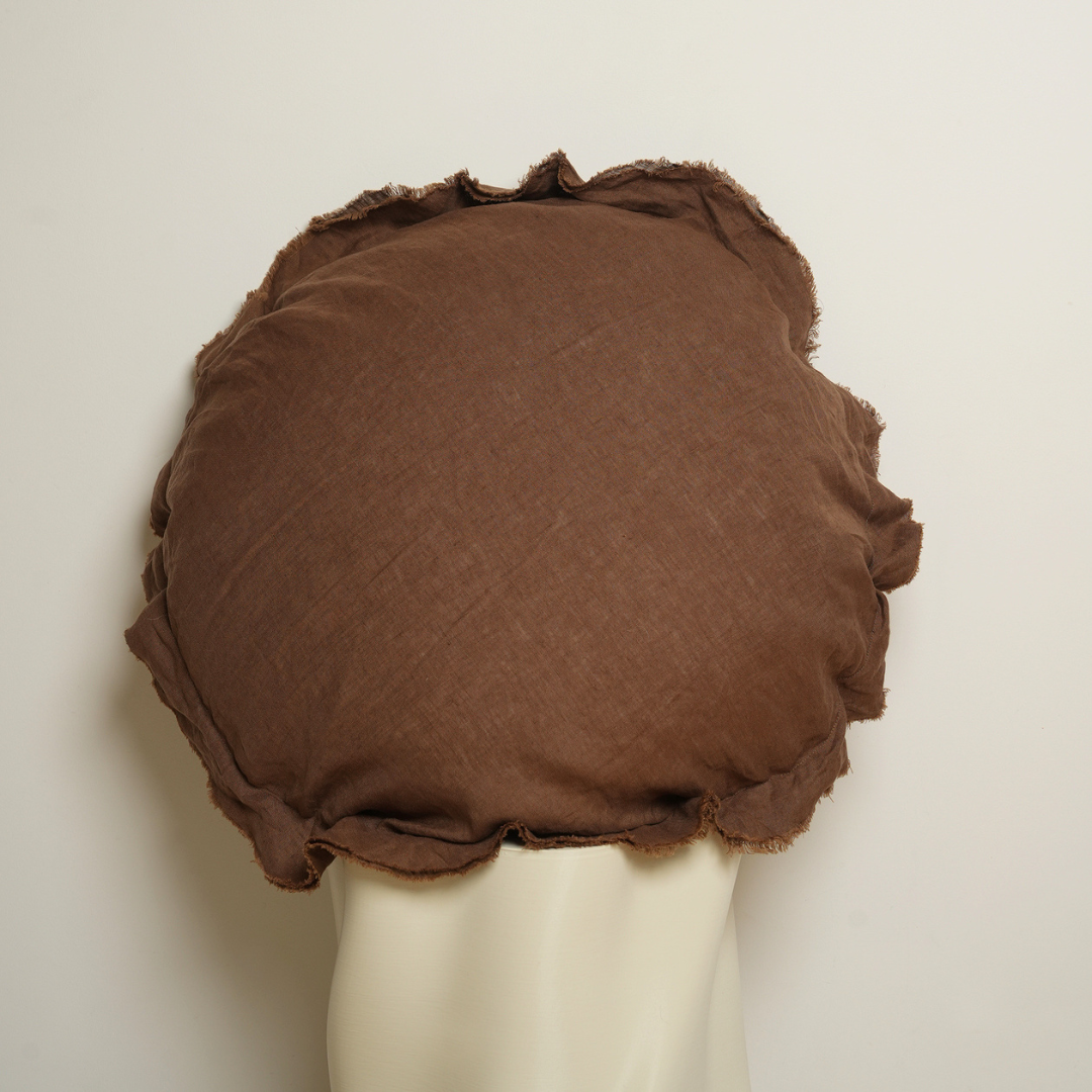 100% flax linen round feather filled cushion in mocha