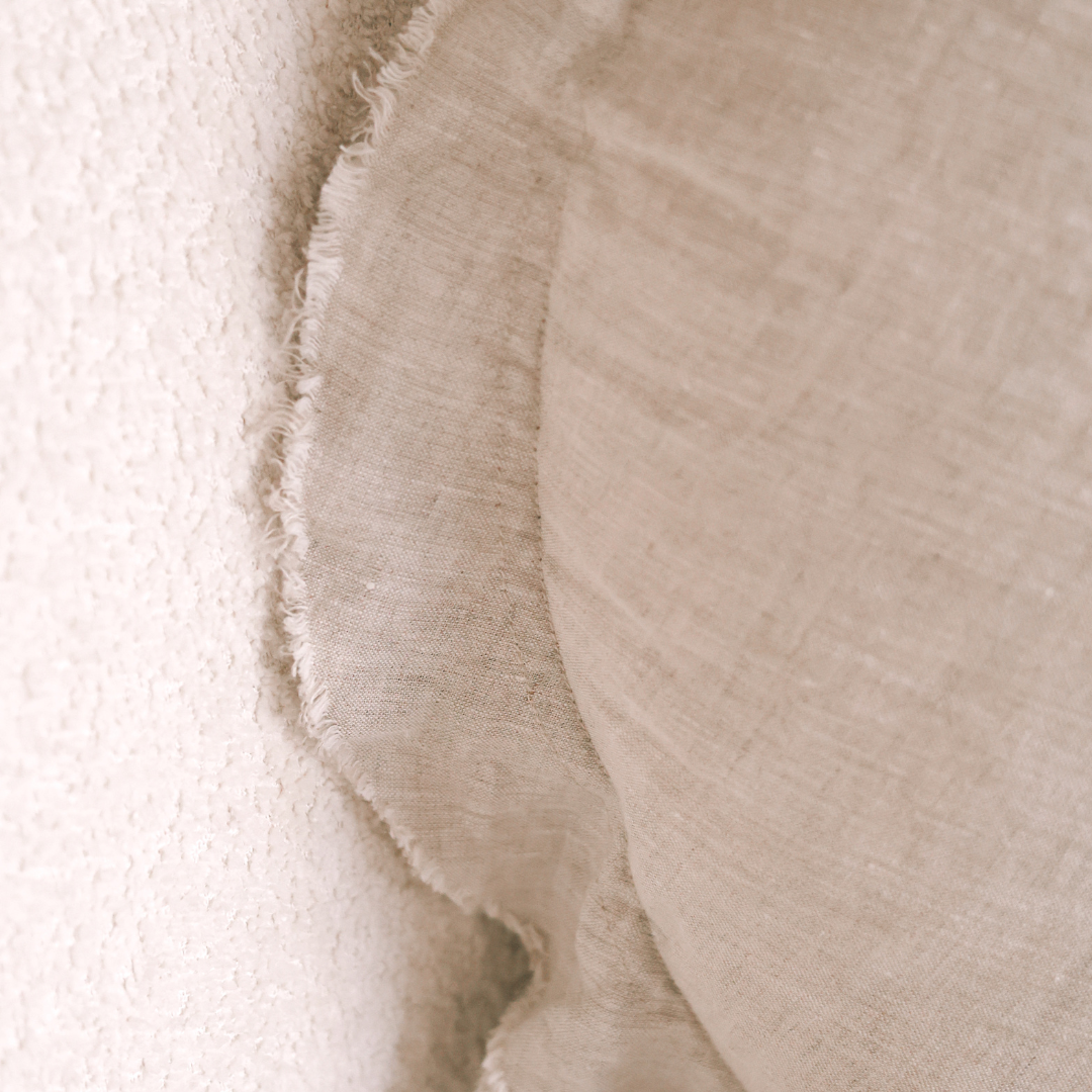 100% flax linen round feather filled cushion in natural oat, detail view