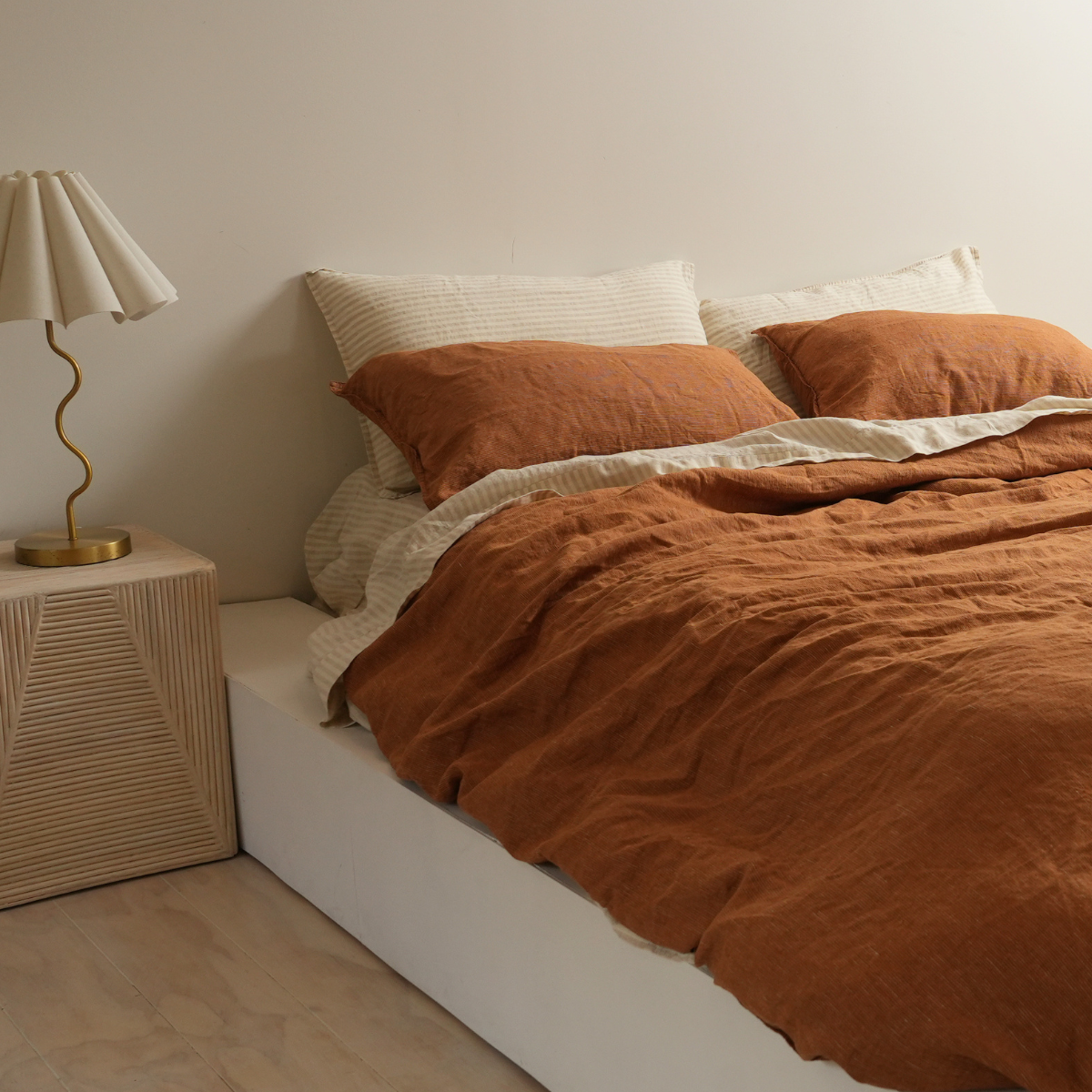 100% french flax linen duvet cover set in caramel pinstripe