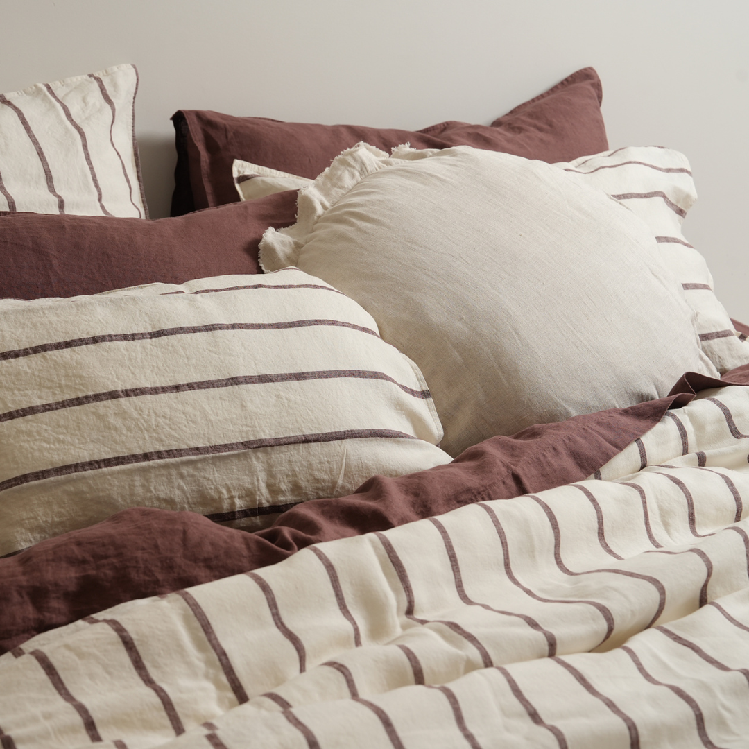 100% french flax linen duvet cover set in cocoa stripe, detail view