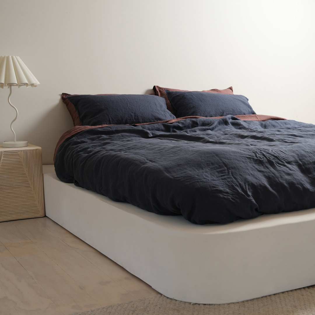 100% french flax linen duvet cover set in midnight