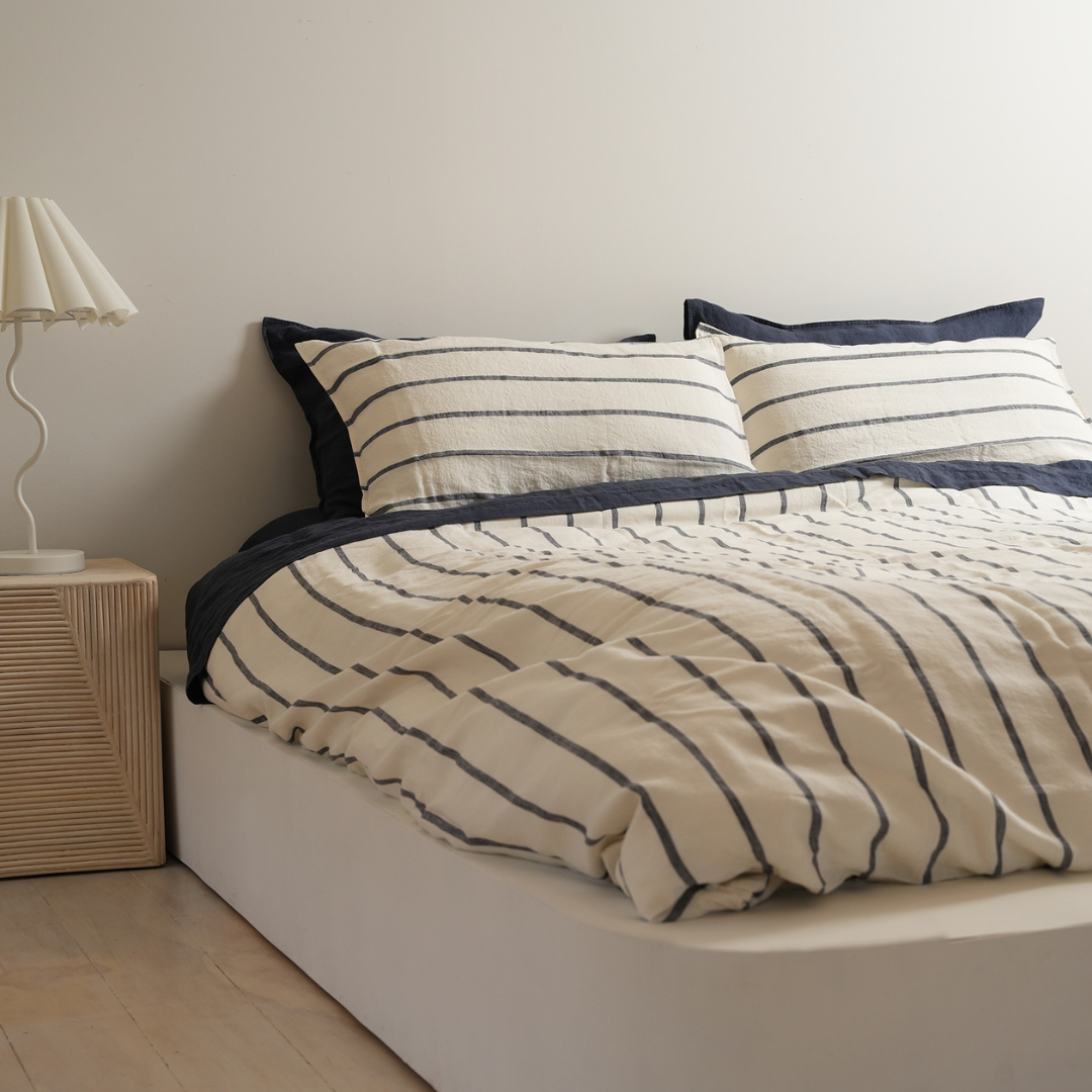 100% french flax linen duvet cover set in midnight stripe