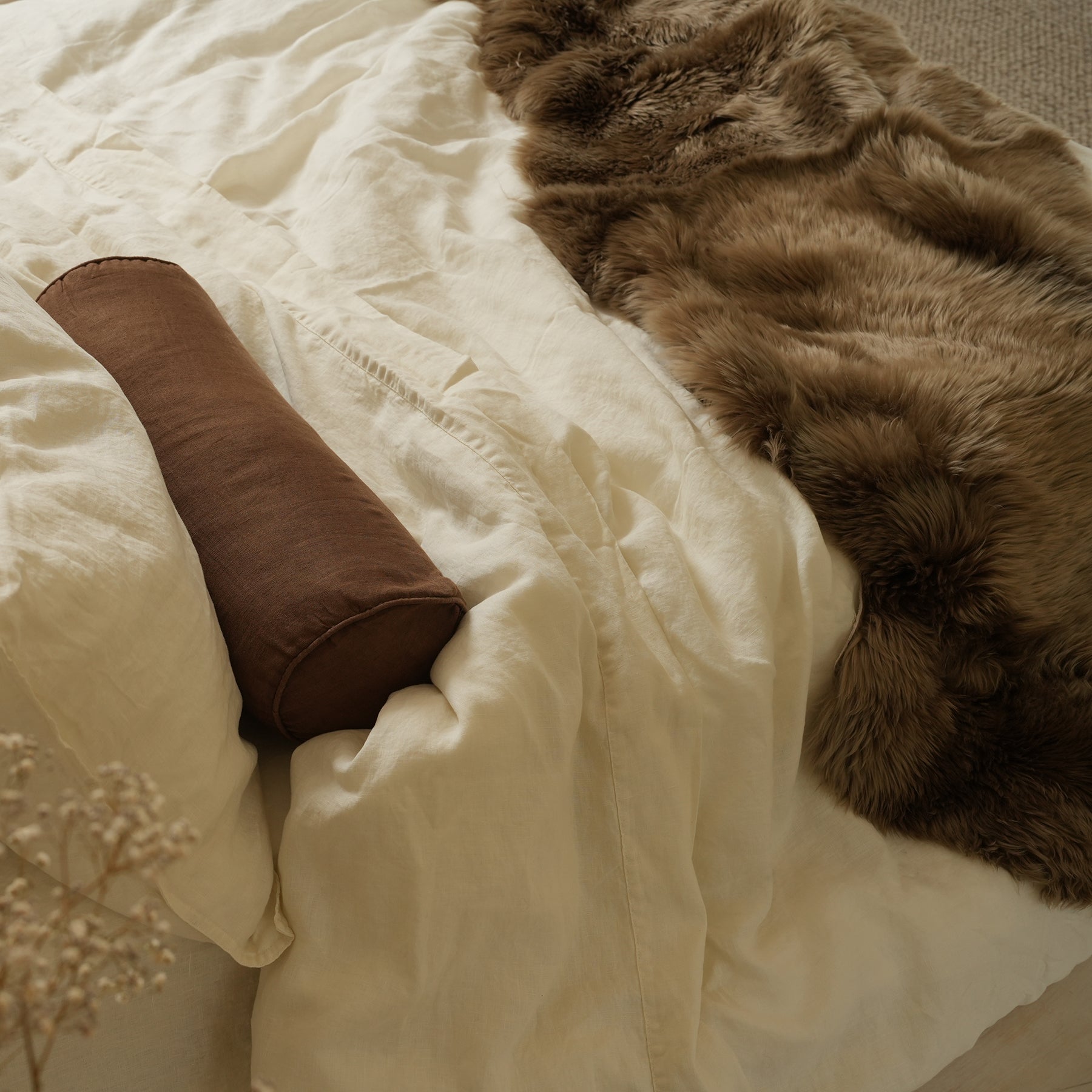 100% french flax linen duvet cover set in milk, styled shot