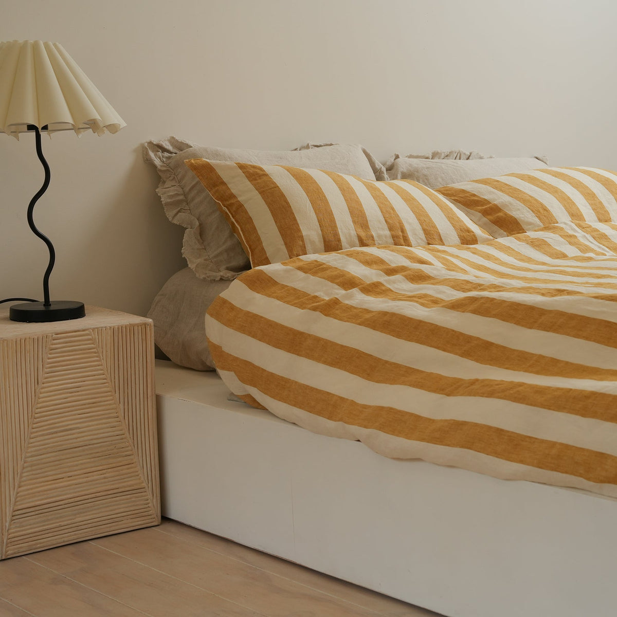 100% french flax linen duvet cover set in sunflower stripe, close-up