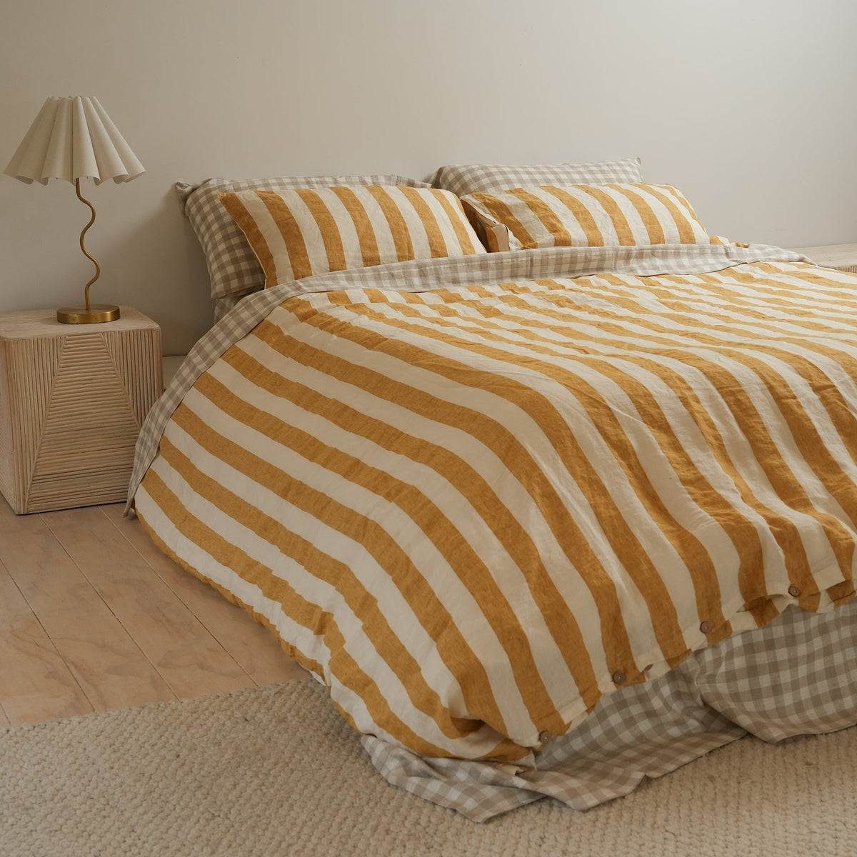 100% french flax linen duvet cover set in sunflower stripe, side view
