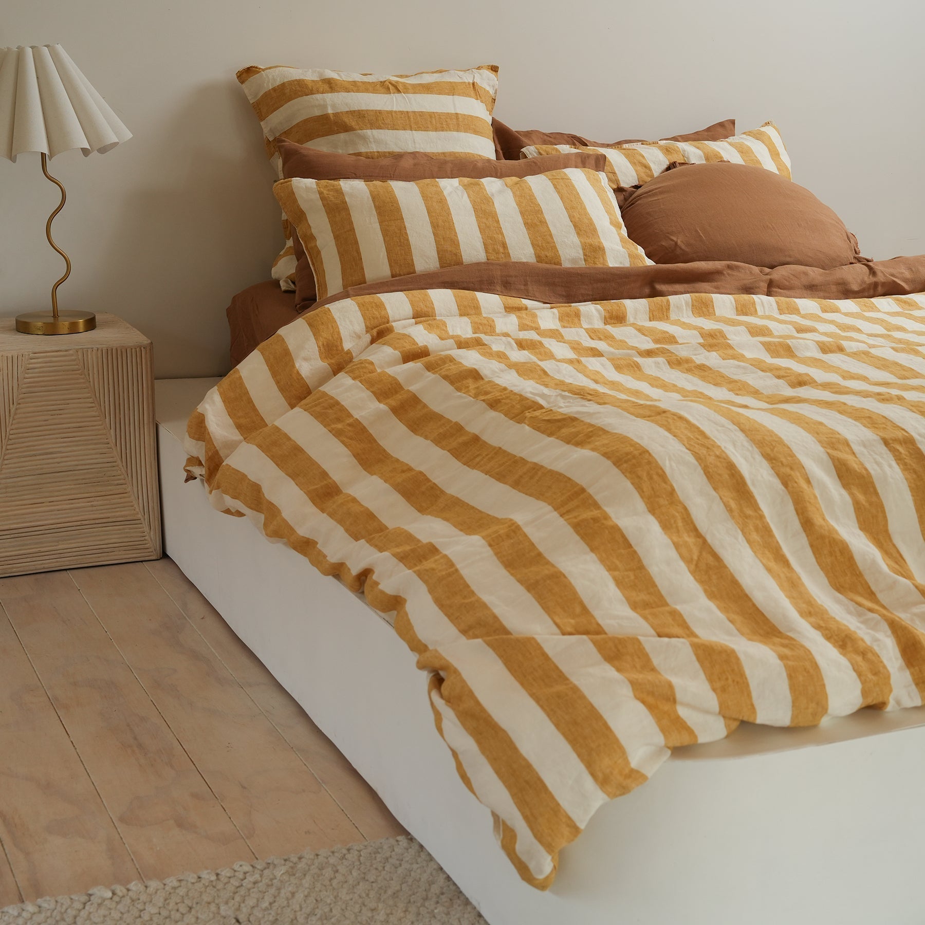 100% french flax linen duvet cover set in sunflower stripe, alternate angle