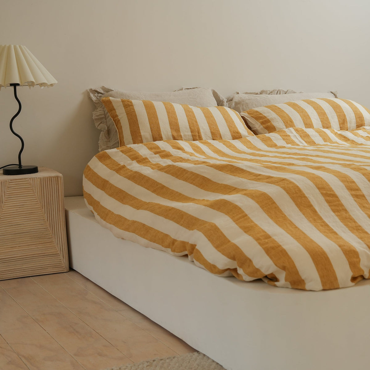 100% french flax linen duvet cover set in sunflower stripe, detail view