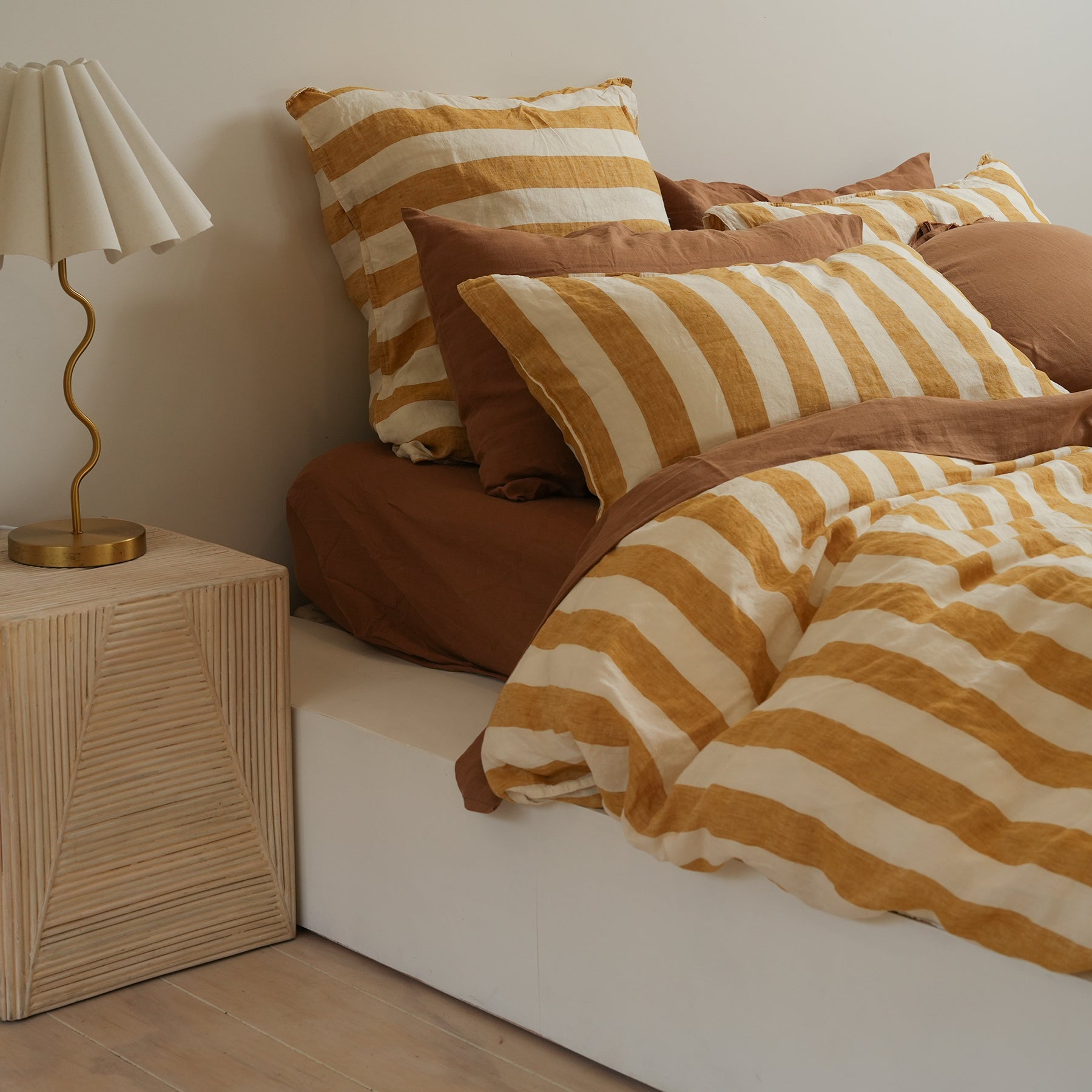 100% french flax linen euro pillowcase in sunflower stripe, detail view
