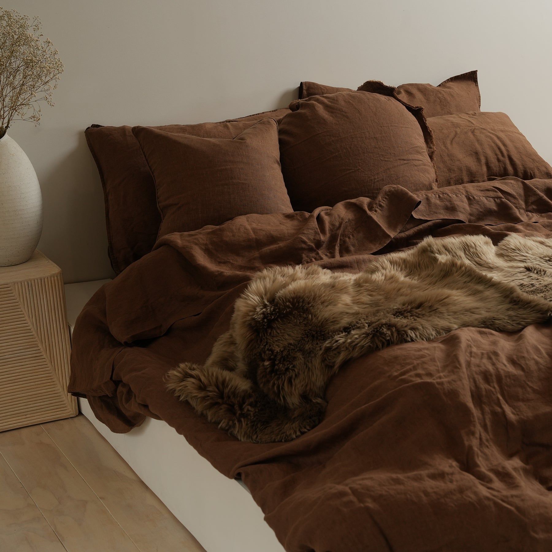 100% french flax linen feather filled cushion in mocha, detail view