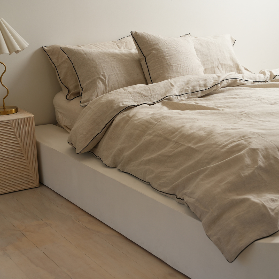 100% french flax linen piped duvet cover set in natural oat /black