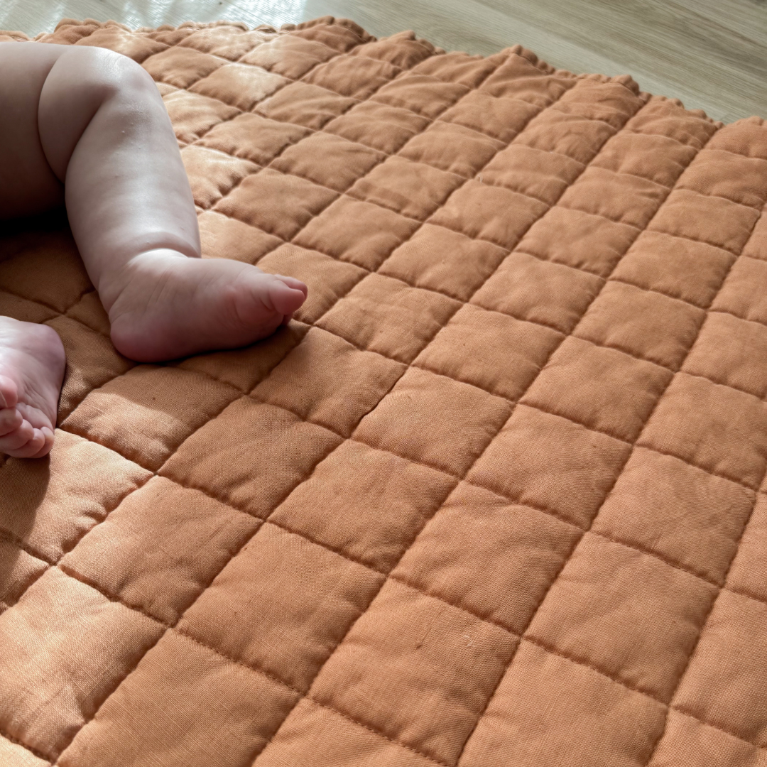 100% french flax linen playmat in hazelnut, styled shot