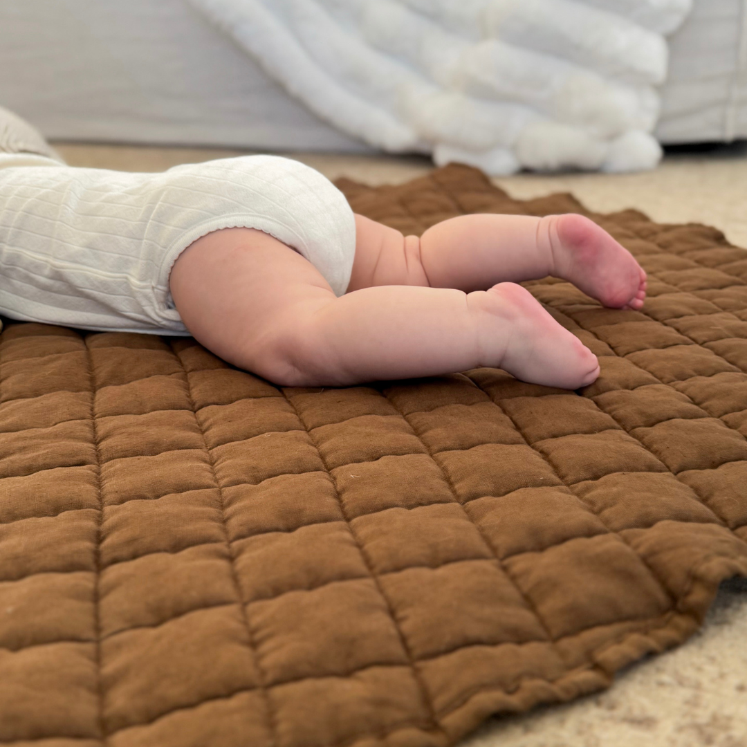 100% french flax linen playmat in mocha, alternate angle