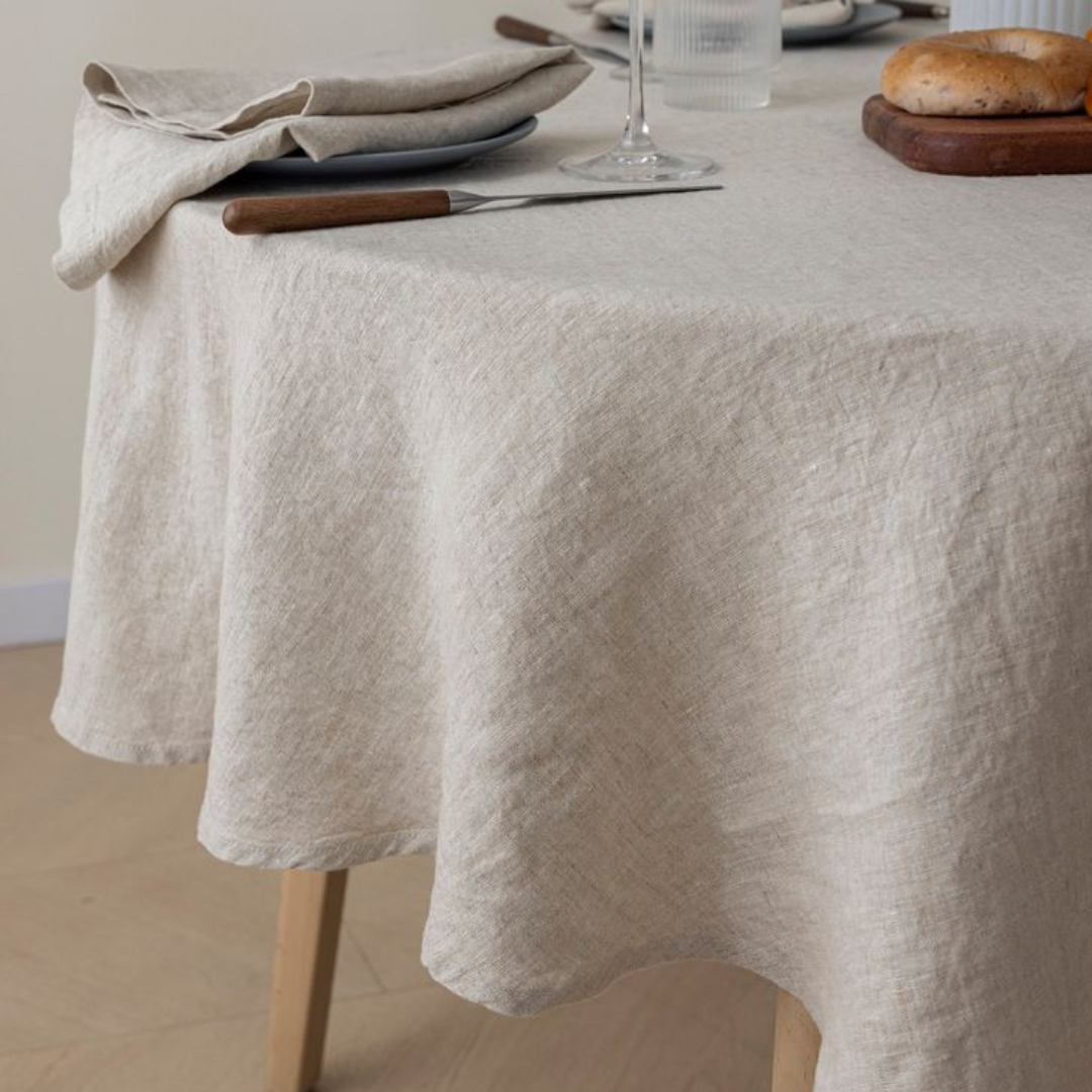 100% french flax linen round tablecloth in natural