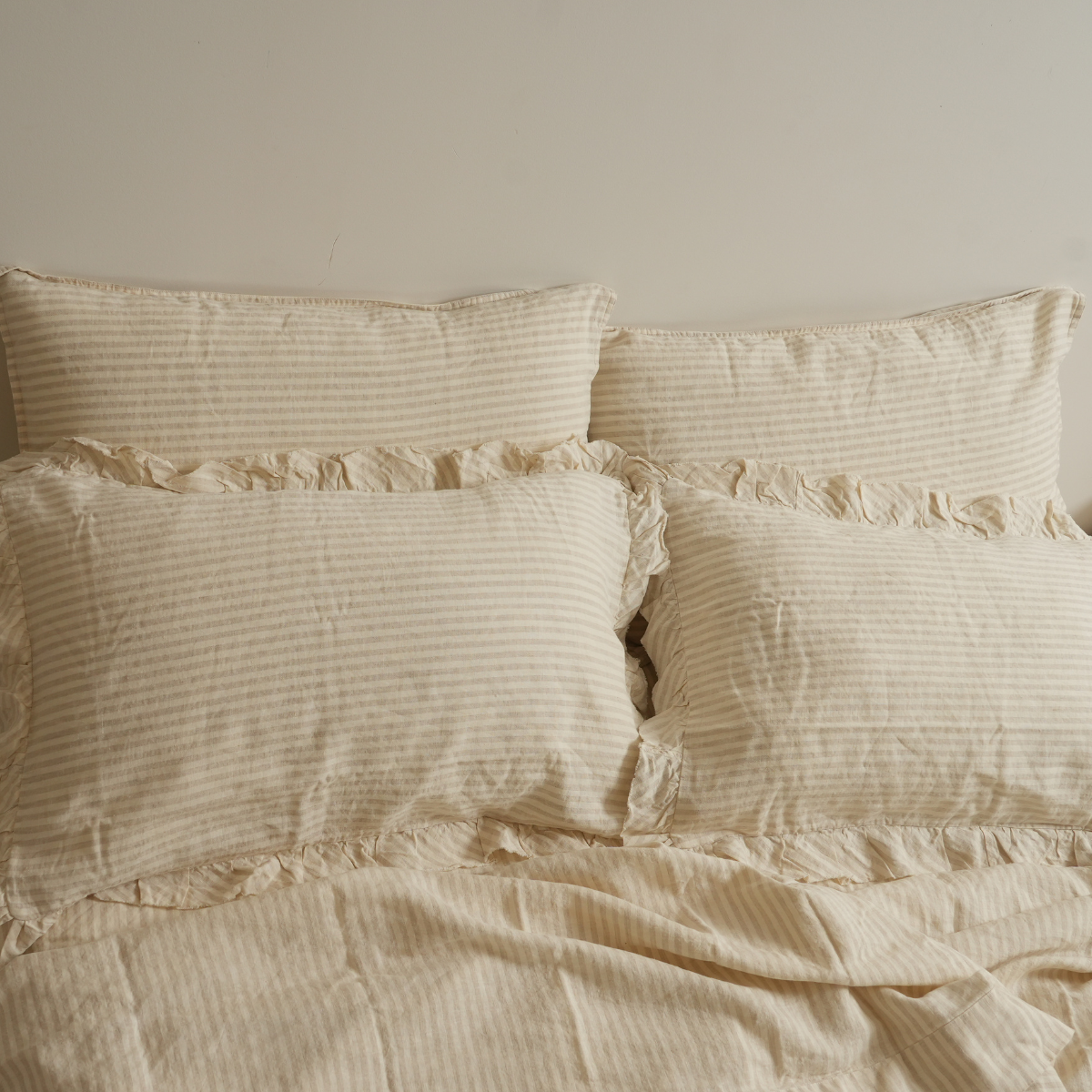 100% french flax linen ruffle edge pillowcase pair in sand stripe, detail view