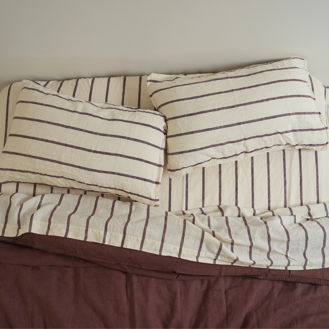 100% french flax linen sheet set in cocoa stripe, detail view