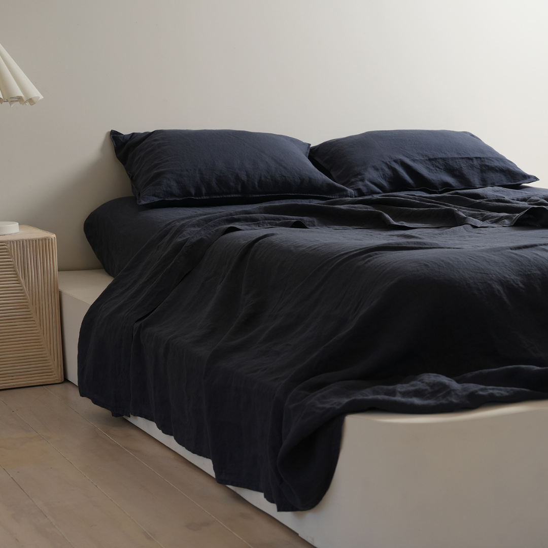 100% french flax linen sheet set in midnight