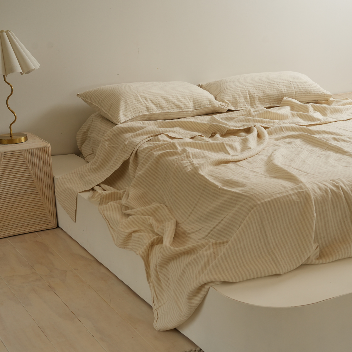 100% french flax linen sheet set in sand stripe