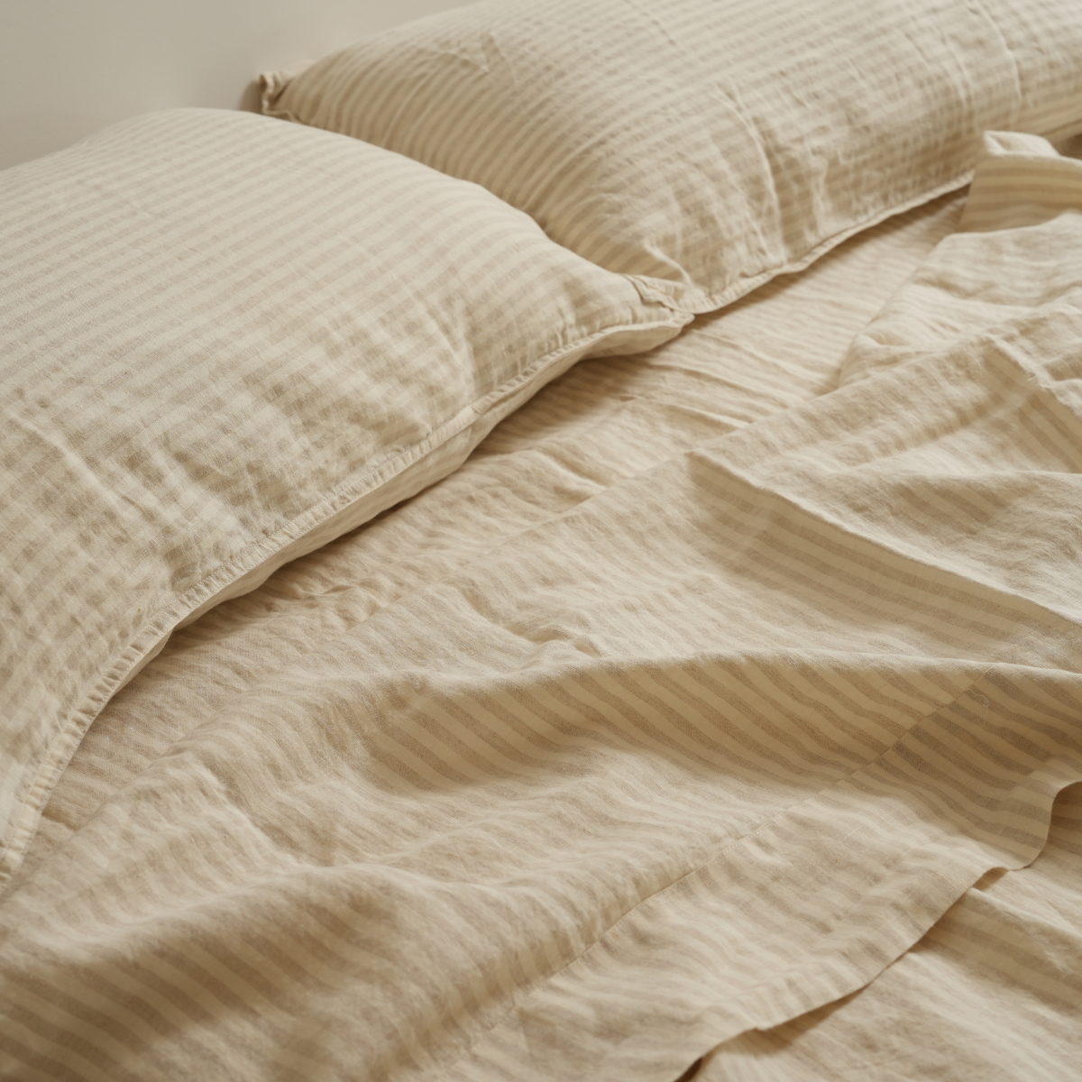 100% french flax linen sheet set in sand stripe, detail view