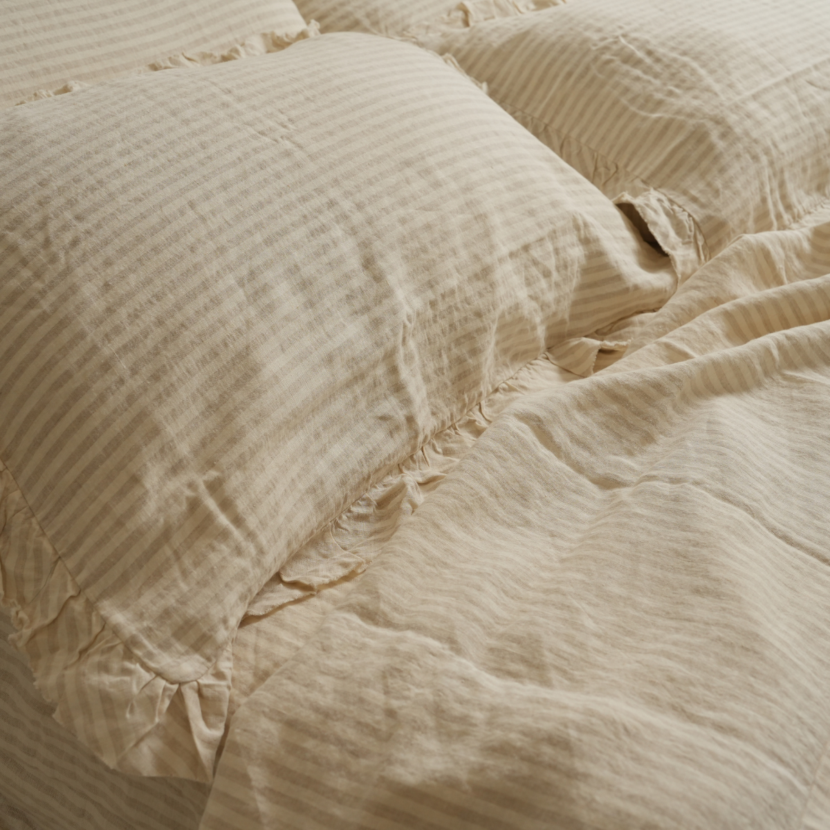 100% french flax linen sheet set in sand stripe, alternate angle
