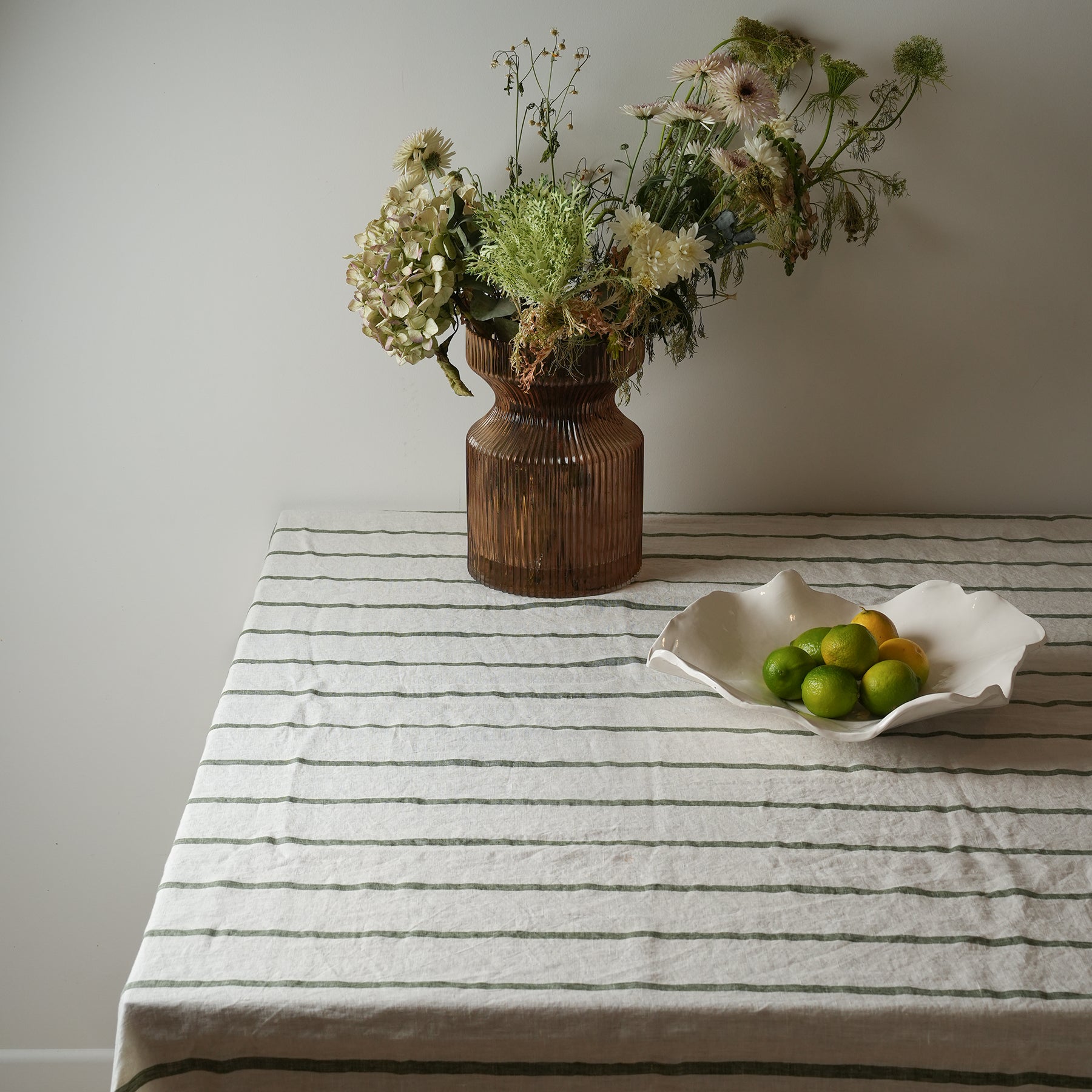 100% french flax linen tablecloth in lichen stripe