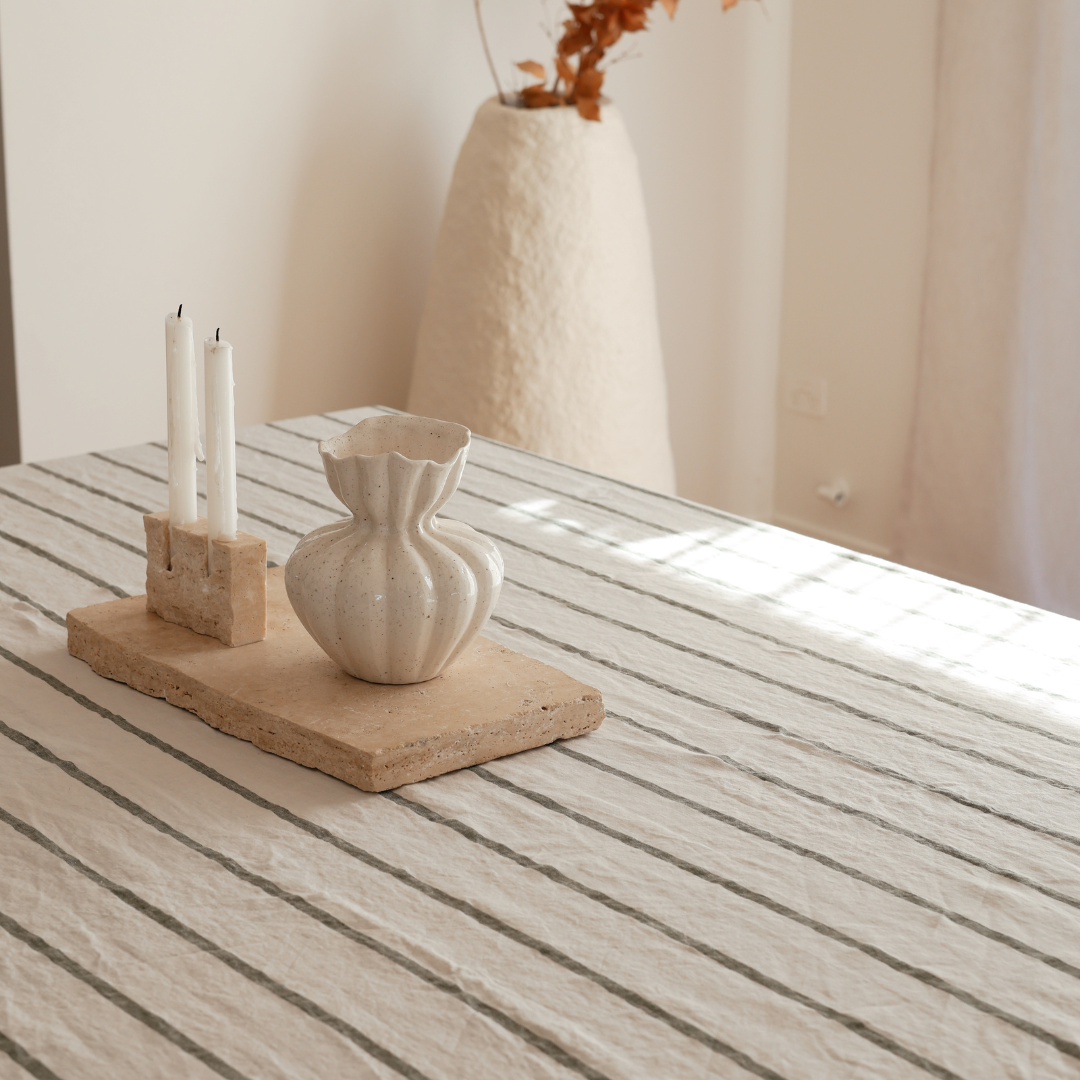 100% french flax linen tablecloth in lichen stripe, detail view