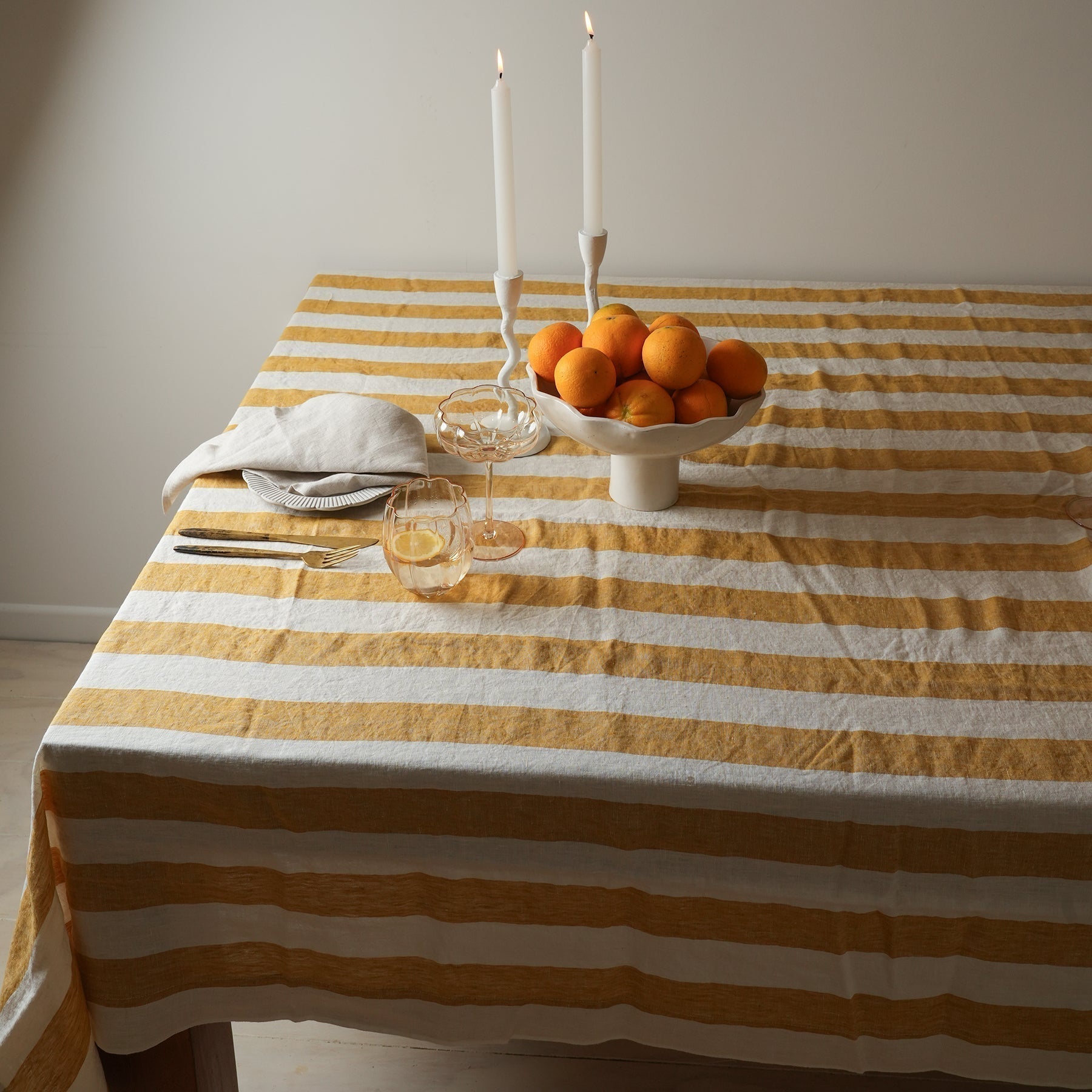 100% french flax linen tablecloth in sunflower stripe, detail view
