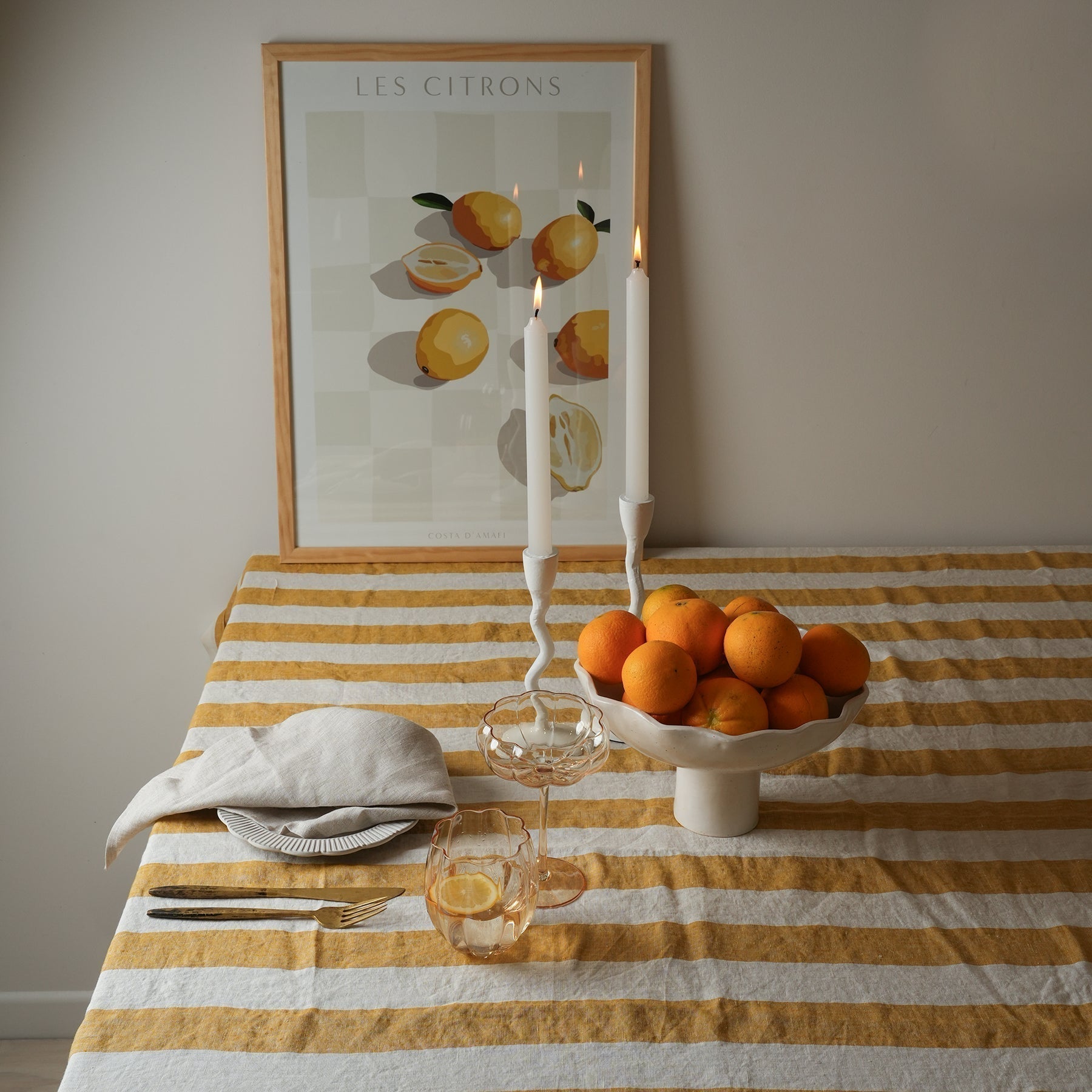 100% french flax linen tablecloth in sunflower stripe, styled shot