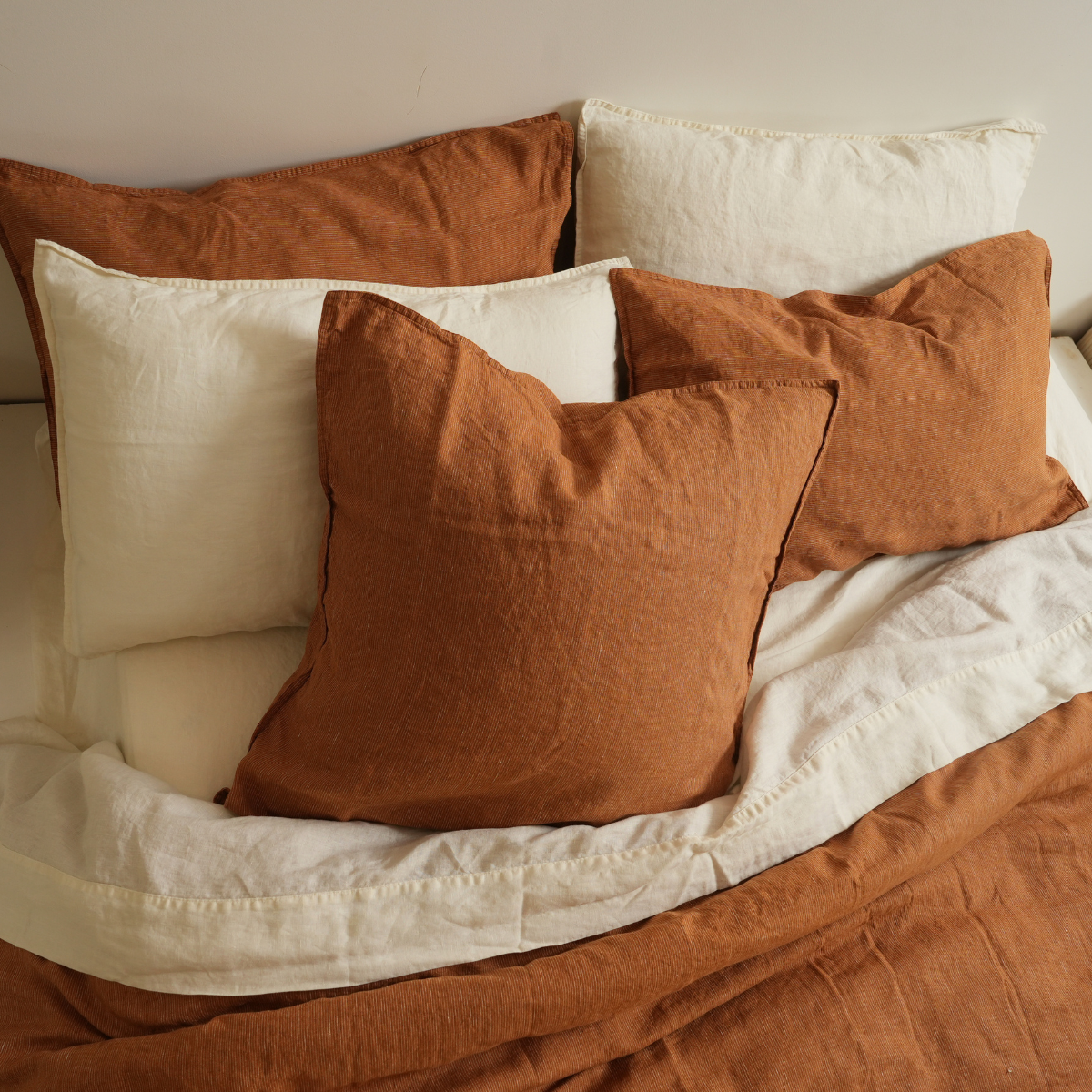 100% french linen euro pillowcase in caramel pinstripe, detail view