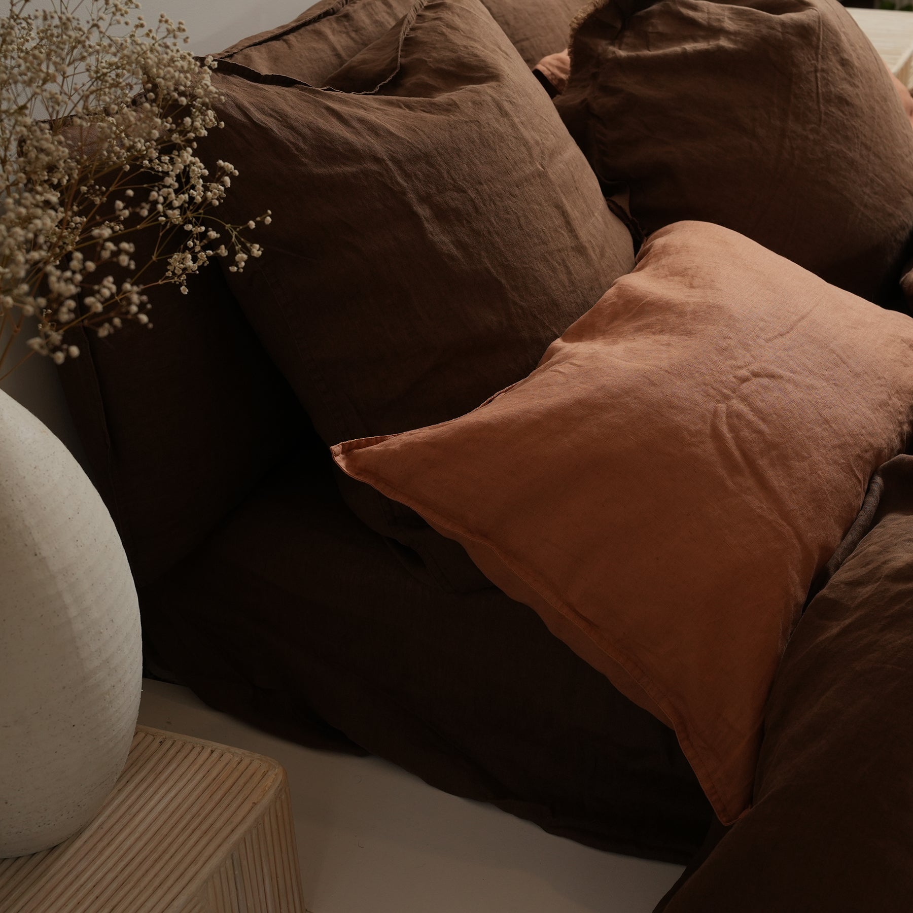 100% french linen euro pillowcase in mocha, detail view